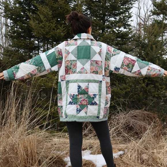 Upcycled Quilt Coat Vintage Handmade Blanket Patchwork Jacket M L XL - Picture 2 of 9